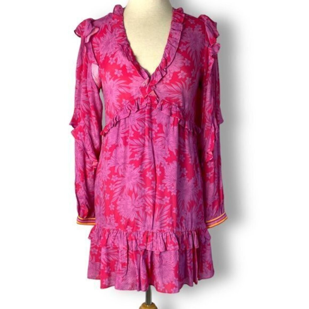 NWT Hale Bob Grace Pink Red Mini Dress, Wisteria, Empire Waist Sz XS, Ruffle